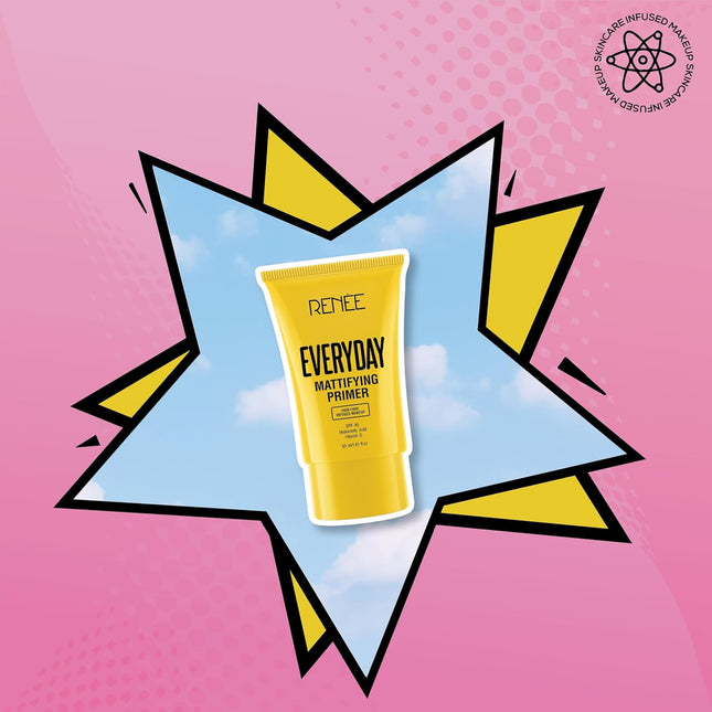 RENEE Everyday Primer bottle showcasing its non-sticky formula, designed as a primer for fine lines and long-lasting makeup.