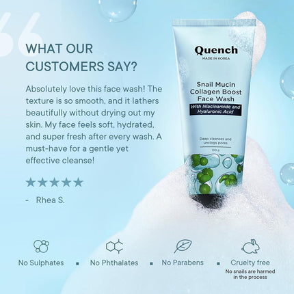 Users enjoying the benefits of QUENCH BOTANICS Quench Snail Mucin Collagen Boost Face Wash 100ml, emphasizing its effectiveness as a snail mucin face wash for glowing skin.