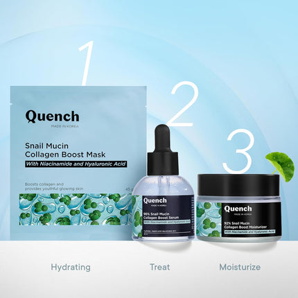 Quench Snail Mucin Korean Collagen Boost Mask packaging highlighting its benefits for pigmentation and wrinkles, ideal as a Korean snail mucin mask.