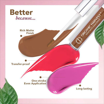 Lifestyle shot with Organic Harvest Velvet Matte Liquid Lipstick, appealing to beauty enthusiasts seeking organic liquid lipstick.