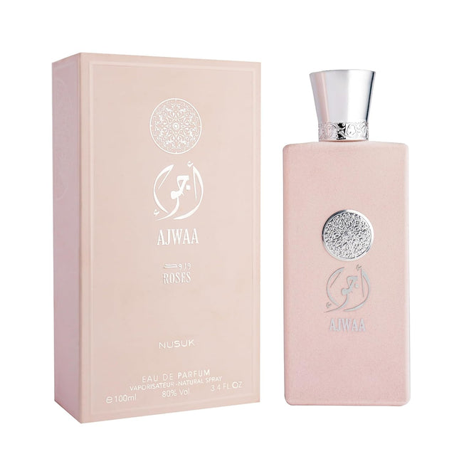 Nusuk Ajwaa Roses Eau De Parfum for Women, a long lasting perfume, showcasing an elegant floral woody fragrance with notes of pineapple, bergamot, rose, and jasmine.