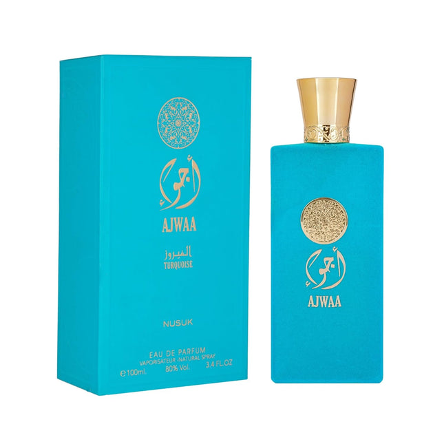 Nusuk Ajwaa Turquoise Eau De Parfum 100ml, a luxurious unisex long lasting perfume featuring notes of black currant, saffron, rose, amber, and patchouli.