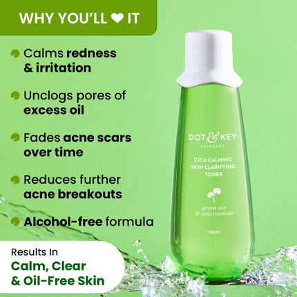 Dot & Key Cica Calming Skin Clarifying Toner formulated with Green Tea & Niacinamide, an effective calming toner for sensitive skin, reduces dark spots and redness, 150ml