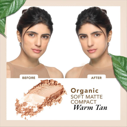 Woman smiling while using Organic Harvest Soft Matte Compact as her go-to organic face compact for a natural matte look.
