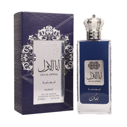 Nusuk Ana Al Awwal Blue Eau De Parfum for Men, a long lasting men's perfume featuring fresh notes of grapefruit and lemon.
