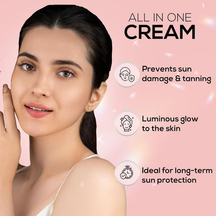 The package of RENEE All Skin Lumi Glow Highlighting Sunscreen With Spf 50, promoting its brightening ingredients for a luminous glow sunscreen experience.