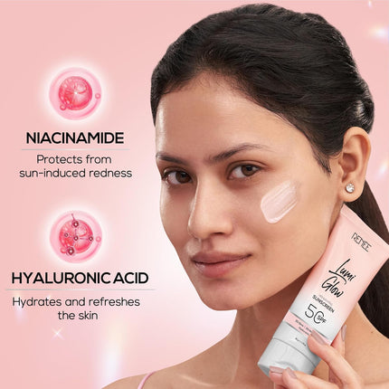 RENEE All Skin Lumi Glow Highlighting Sunscreen With Spf 50 displayed with a fresh matte finish, showcasing its lightweight and hydrating luminous glow sunscreen properties.