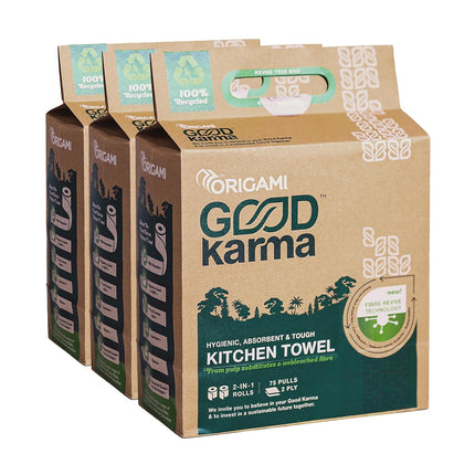 Good Karma 3 Ply Eco-Friendly Unbleached Kitchen Tissue Paper Roll - Pack of 6, featuring eco-friendly kitchen paper design for effective kitchen cleaning.