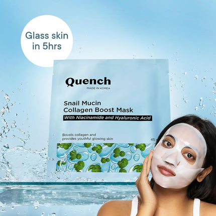 Lifestyle image of Quench Snail Mucin Korean Collagen Boost Mask with luxury aesthetics, representing the Korean snail mucin mask experience.