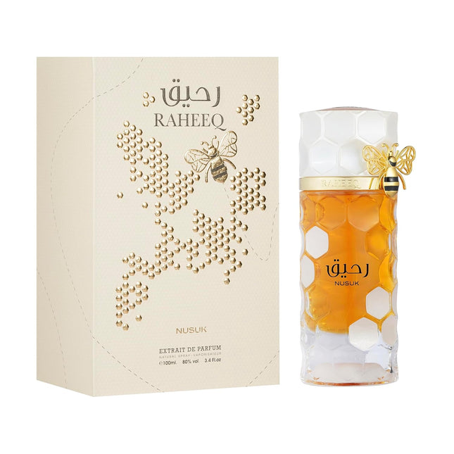 NUSUK Raheeq Perfume for Women - 100ml Citrus Vanilla Fragrance showcasing the elegant bottle design.