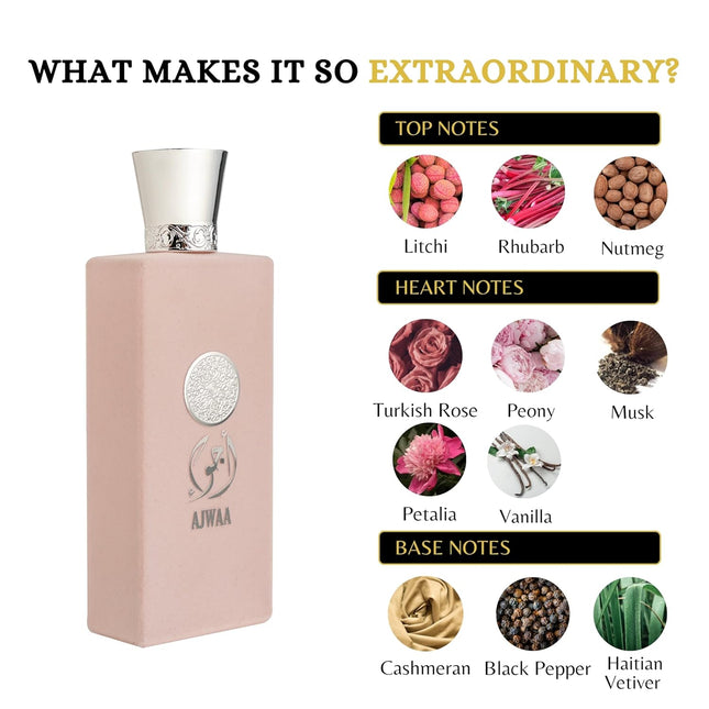 Elegant glass bottle of Nusuk Ajwaa Roses Eau De Parfum, a long lasting perfume that features a blend of patchouli, musk, and cedarwood for depth.