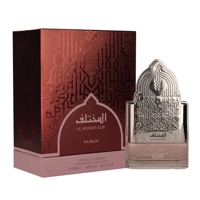 Nusuk Al Mukhtalif Women Extrait De Parfum 100ml, featuring a bold feminine fragrance with juicy fruits, aromatic greens, and warm woods.
