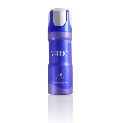 Front view of Verdict Deo, a 200ml premium deodorant by Birra, showcasing its sleek blue packaging with the word 'VERDICT' prominently displayed in white.