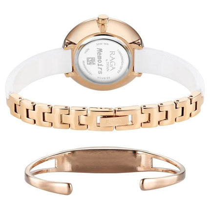 Rear view of the Titan Raga Memoirs watch revealing the intricate rose gold bracelet and back of the case.