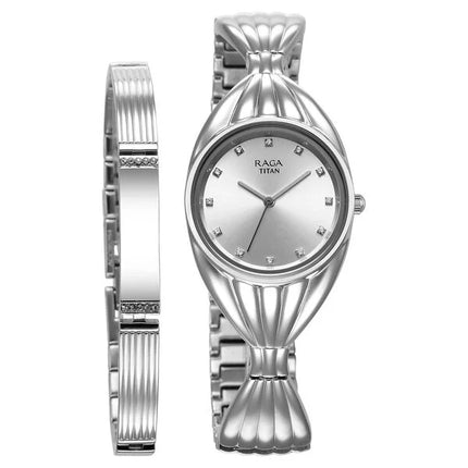 Titan Raga Memoirs Quartz Analog Watch for Women with Silver Dial and Metal Strap, showcasing a unique design alongside a matching bracelet.