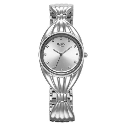 Front view of the Titan Raga Memoirs Quartz Analog Watch for Women, featuring a stylish silver dial and elegant metal strap.