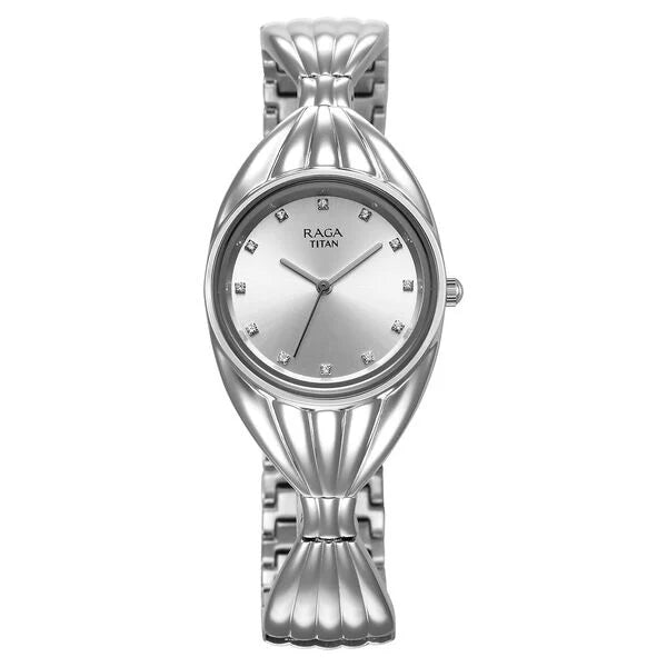 Front view of the Titan Raga Memoirs Quartz Analog Watch for Women, featuring a stylish silver dial and elegant metal strap.