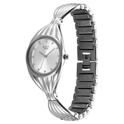 Side profile of the Titan Raga Memoirs Quartz Analog Watch, highlighting its sleek design and metal strap.
