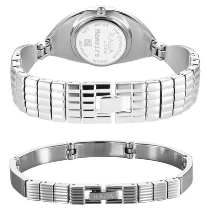 Underneath view of the Titan Raga Memoirs Watch, emphasizing the silver metal strap and the durable construction.