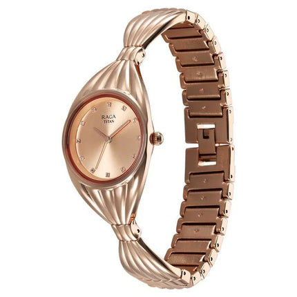 Side profile of the Titan Raga Memoirs women's watch displaying the sleek silhouette and intricate detail of the rose gold strap and case.