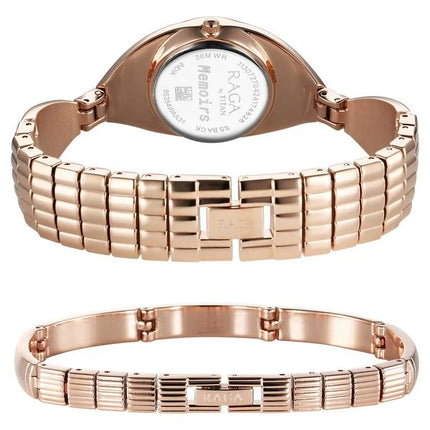 Reverse angle of the Titan Raga Memoirs women's watch, illustrating the back design and strap configuration with rose gold finish.