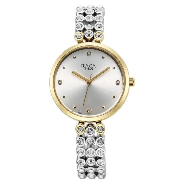 Titan Raga Showstopper Quartz Analog watch featuring a silver dial and two-toned metal strap adorned with crystals.