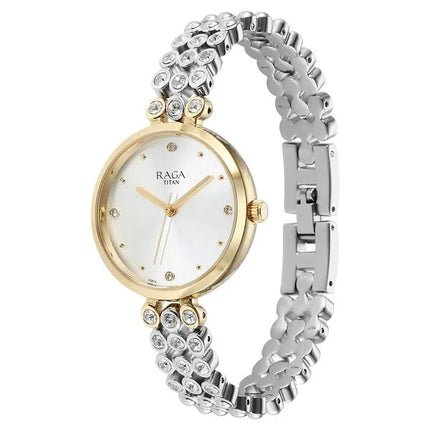 Side profile of the Titan Raga Showstopper watch highlighting its round case and two-toned strap design with shimmering crystals.