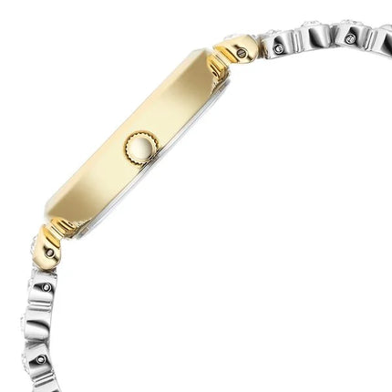 Detailed view of the back of Titan Raga Watch revealing the stainless steel case and the two-toned bracelet with a secure lock.