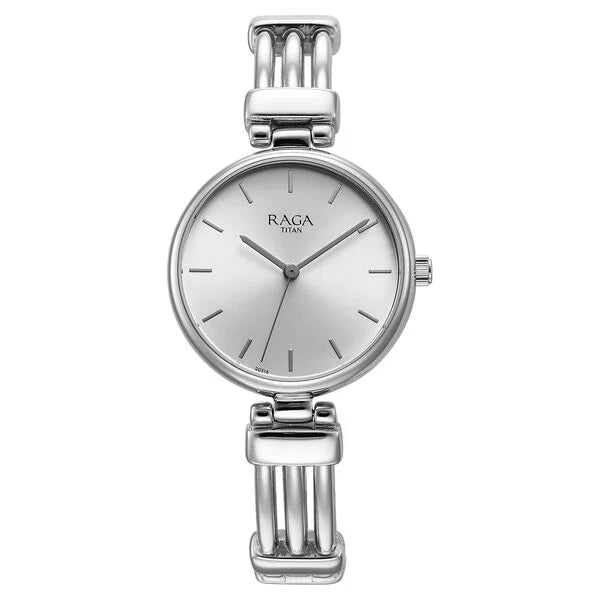 Titan Raga Showstopper quartz analog watch for women featuring a sleek silver dial and a metal strap.