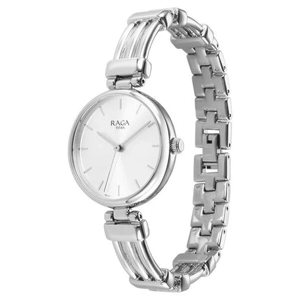 Close-up view of Titan Raga Showstopper women's quartz analog watch highlighting its elegant silver case and strap.