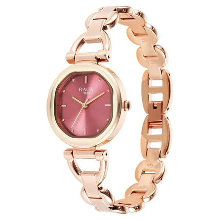 Side angle of Titan Raga Showstopper Quartz Analog Watch, highlighting the round case, metal strap, and pink dial perfect for women's fashion.