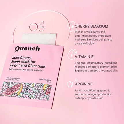 Close-up of Brightening & Skin Clarifying Sheet Mask with Cherry Blossom Radiance - 25 ML, enriched with cherry blossom extract for a brightening effect. Perfect cherry blossom sheet mask.