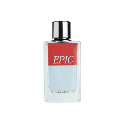 Bottle of Epic EDP by BIRRA, showcasing a sleek design with a vibrant red label reading 'EPIC' and a silver cap.
