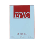 Front view of the packaging for Epic EDP by BIRRA, emphasizing the bold 'EPIC' logo on a light blue box with essential details at the bottom.