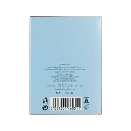 Back view of the box for Epic EDP by BIRRA, listing ingredients and cautionary information, featuring a blue background with red accents.