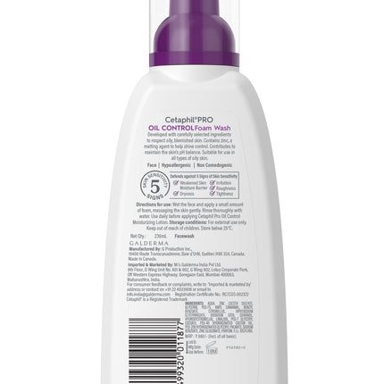 Cetaphil PRO Oil Control Foam Face Wash 236ml back of pack