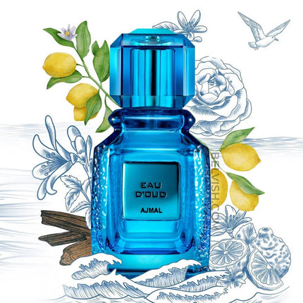 Artistic portrayal of Ajmal Eau d’Oud Eau de Parfum 100ml surrounded by floral designs, symbolizing its exotic aroma. This captivating fragrance is an essential for both MEN'S PERFUME and WOMEN PERFUME collections.