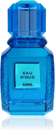 Ajmal Eau d’Oud Eau de Parfum 100ml bottle featuring a stunning blue design, ideal for both men and women. This luxurious fragrance invites sophistication, making it a perfect choice for MEN'S PERFUME and WOMEN PERFUME enthusiasts.