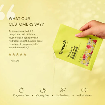 Application of Quench Instaglow Sheet Mask with Yuzu Vitamin C, effective vitamin C sheet mask for a rejuvenating glow.