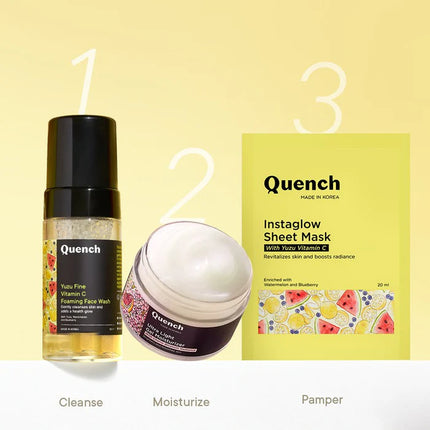 Before and after results of using Quench Instaglow Sheet Mask with Yuzu Vitamin C, a vitamin C sheet mask for brightening.