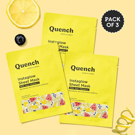 Ingredients of Quench Instaglow Sheet Mask with Yuzu Vitamin C highlighting its vitamin C sheet mask formulation.