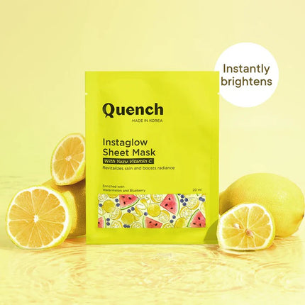 Quench Instaglow Sheet Mask with Yuzu Vitamin C, enriched with vitamin C sheet mask for brightening and hydration.