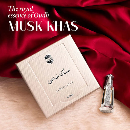 Elegant bottle of Musk Khas Non-Alcoholic Attar 3 ML for Unisex, highlighting its luxurious musk fragrance oil.