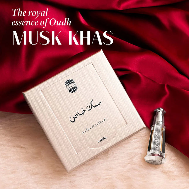 Elegant bottle of Musk Khas Non-Alcoholic Attar 3 ML for Unisex, highlighting its luxurious musk fragrance oil.