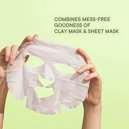 Ingredients list of Mud Sheet Mask with Cica Herb Repair highlighting kaolin clay, lotus root, and Korean ginseng for hydrating and clarifying benefits.