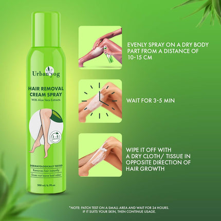 Natural Urban Yog Hair Removal Cream Spray For Women, 200 ml, featuring aloe essence for a soothing and painless hair removal experience.