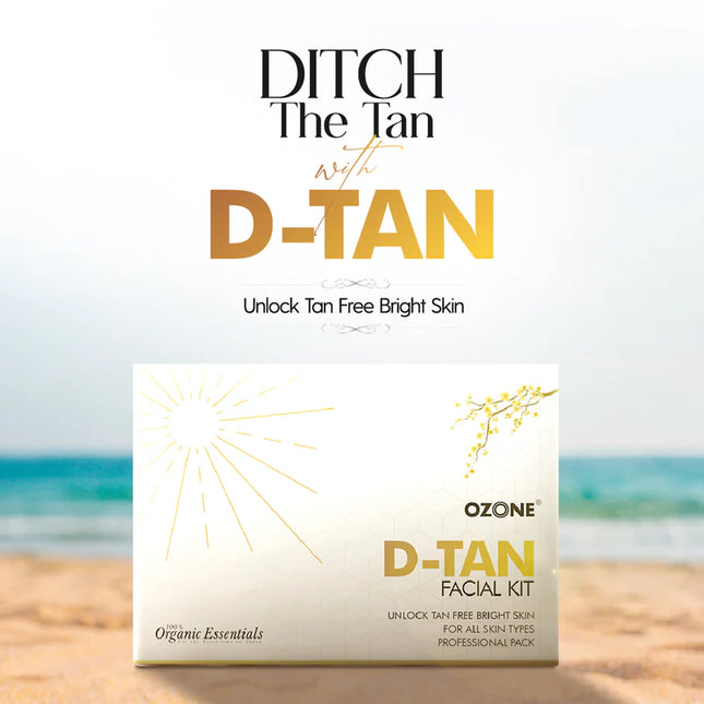 OZONE D-Tan Facial Kit, a skin care remedy to reverse sun damage and enhance complexion, featuring natural ingredients such as Mulberry Fruit Extract, Lemon, Kojic Acid, Avocado, and Argan Oil for a brighter, even skin tone.