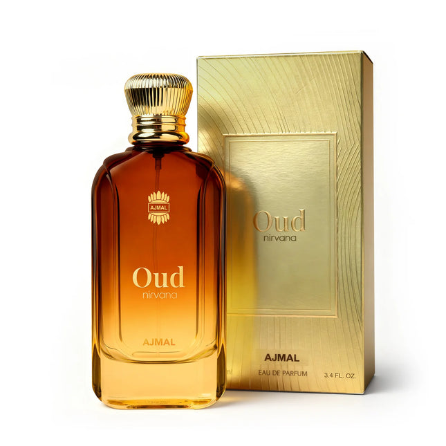 Close-up view of Oud Nirvana Perfume bottle, showcasing its elegant design and branding by AJMAL.