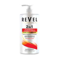 2 in 1 Total Damage Care Shampoo + Conditioner bottle showcasing nourishing ingredients for total damage care.