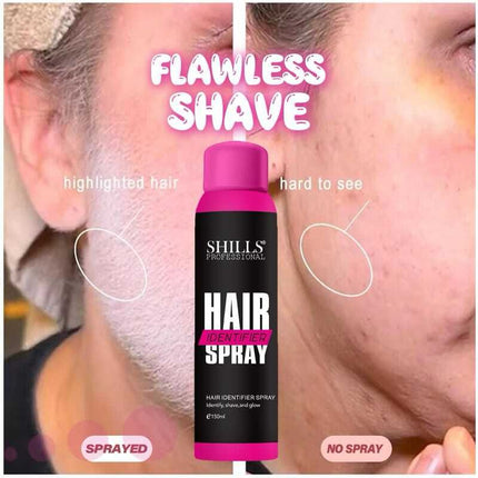Bottle of SHILLS Professional Hair Identification Spray showcasing its unique formula for precise hair type identification - essential for effective hair maintenance and styling.
